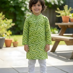 Green Pure Cotton Kota Doriya Zigzag Print Full Sleeve Boys Kurta