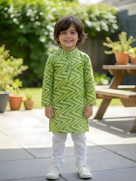 Green Pure Cotton Kota Doriya Zigzag Print Full Sleeve Boys Kurta