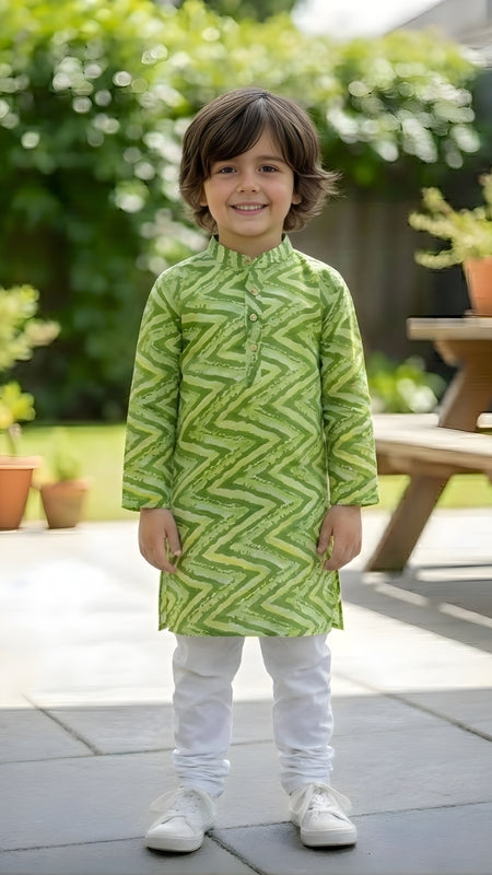 Green Pure Cotton Kota Doriya Zigzag Print Full Sleeve Boys Kurta