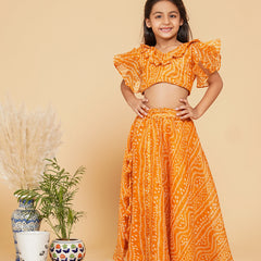 Mustard Bandhani Doriya Crop top Skirt set