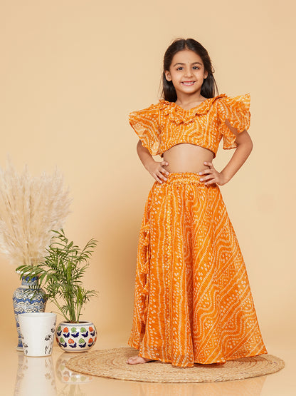 Mustard Bandhani Doriya Crop top Skirt set