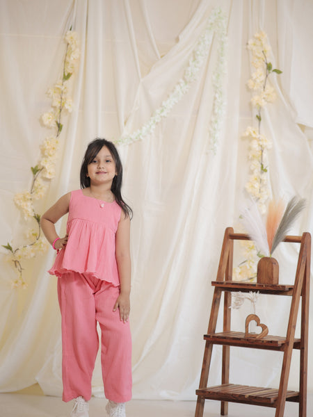 Baby Pink Cotton Crepe Crush Coord-set