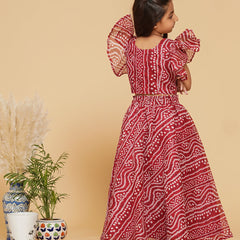 Maroon Bandhani Doriya Crop top Skirt set