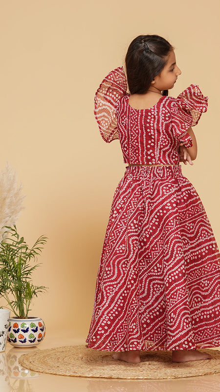 Maroon Bandhani Doriya Crop top Skirt set