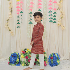 Maroon Pure Cotton Floral Print Full Sleeve Boys Kurta with Mandarin Collar