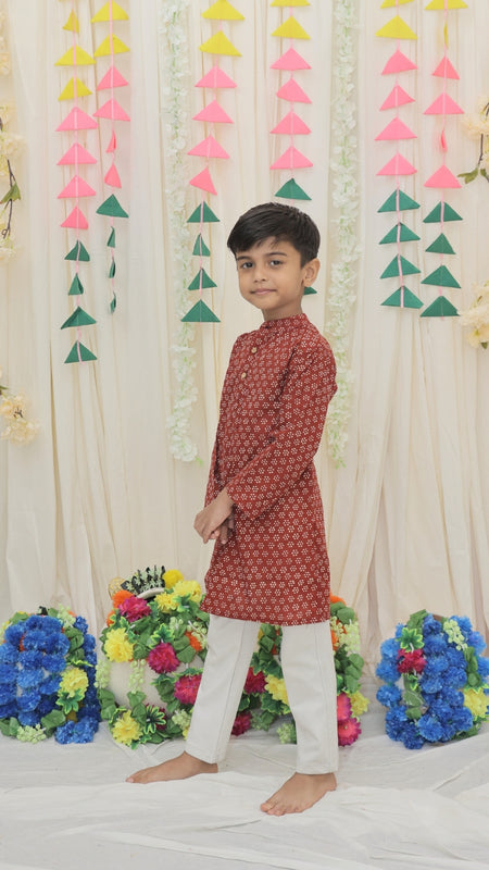 Maroon Pure Cotton Floral Print Full Sleeve Boys Kurta with Mandarin Collar