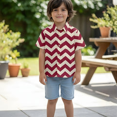 Classic Zigzag Printed Pure Cotton Half Sleeve Shirt for Kids (Cream/Pink)