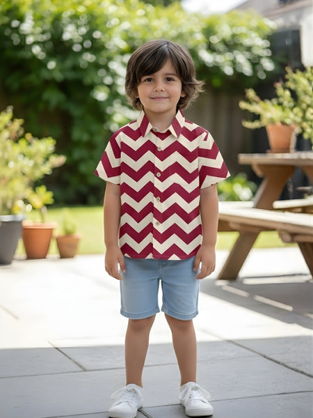 Classic Zigzag Printed Pure Cotton Half Sleeve Shirt for Kids (Cream/Pink)