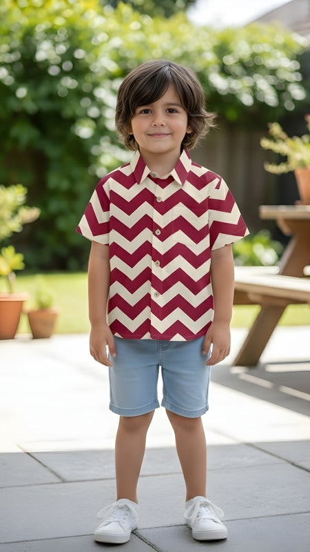 Classic Zigzag Printed Pure Cotton Half Sleeve Shirt for Kids (Cream/Pink)