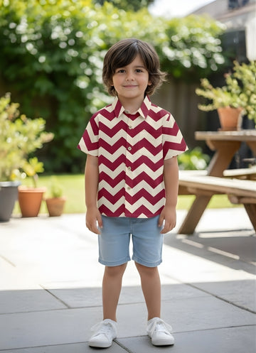 Classic Zigzag Printed Pure Cotton Half Sleeve Shirt for Kids (Cream/Pink)