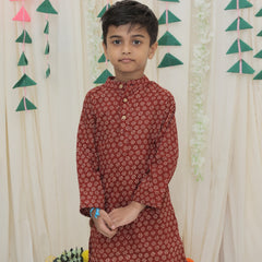 Maroon Pure Cotton Floral Print Full Sleeve Boys Kurta with Mandarin Collar