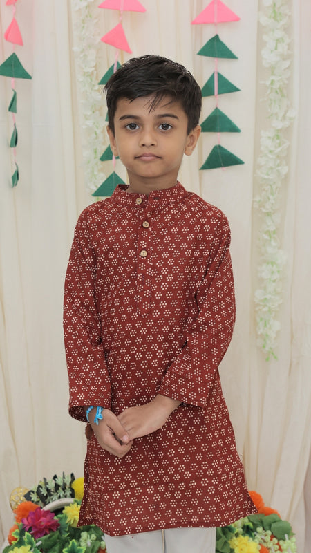 Maroon Pure Cotton Floral Print Full Sleeve Boys Kurta with Mandarin Collar