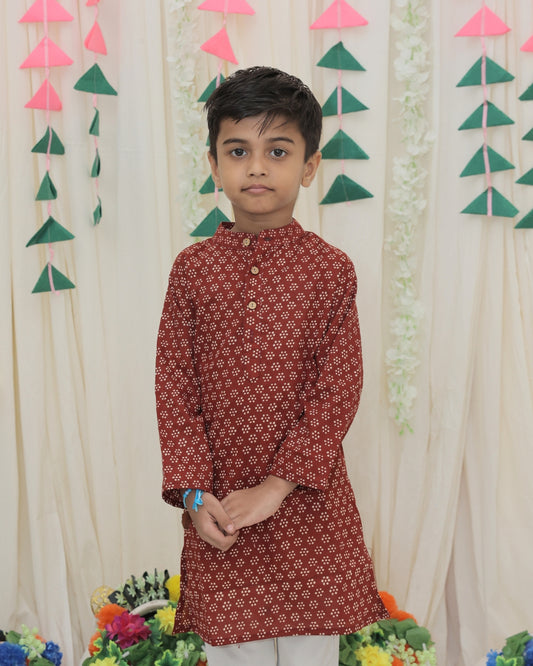 Maroon Pure Cotton Floral Print Full Sleeve Boys Kurta with Mandarin Collar