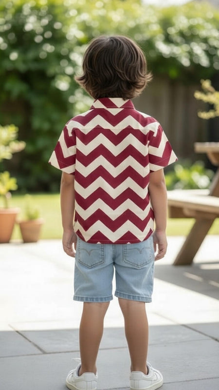 Classic Zigzag Printed Pure Cotton Half Sleeve Shirt for Kids (Cream/Pink)
