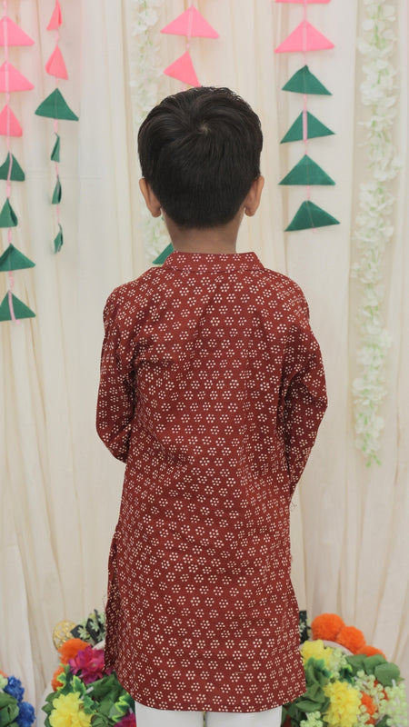 Maroon Pure Cotton Floral Print Full Sleeve Boys Kurta with Mandarin Collar