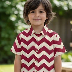 Classic Zigzag Printed Pure Cotton Half Sleeve Shirt for Kids (Cream/Pink)
