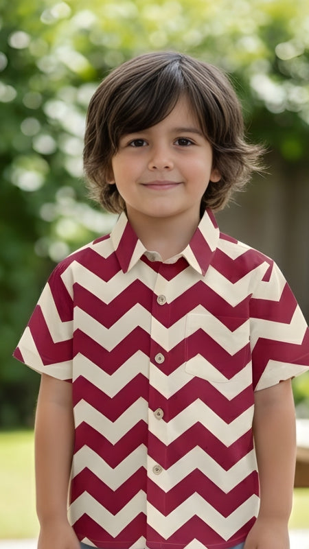Classic Zigzag Printed Pure Cotton Half Sleeve Shirt for Kids (Cream/Pink)