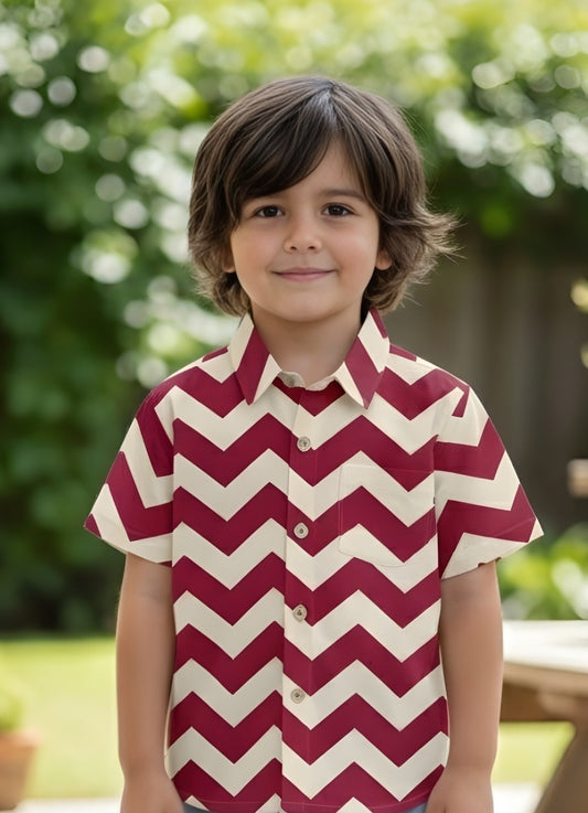 Classic Zigzag Printed Pure Cotton Half Sleeve Shirt for Kids (Cream/Pink)