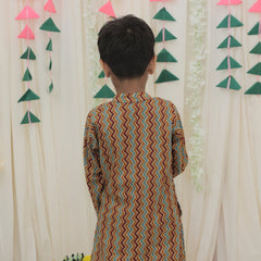Mustard & Maroon Pure Cotton Zigzag Print Full Sleeve Boys Kurta with Mandarin Collar