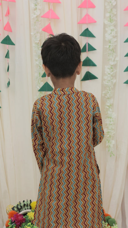 Mustard & Maroon Pure Cotton Zigzag Print Full Sleeve Boys Kurta with Mandarin Collar