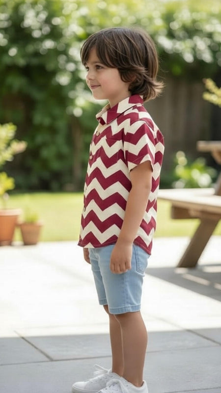 Classic Zigzag Printed Pure Cotton Half Sleeve Shirt for Kids (Cream/Pink)
