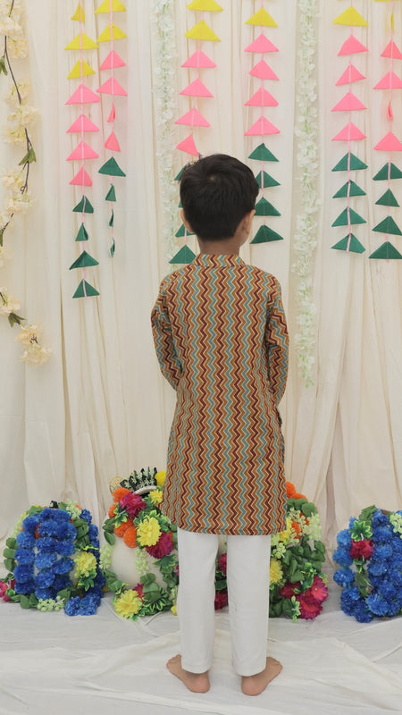 Mustard & Maroon Pure Cotton Zigzag Print Full Sleeve Boys Kurta with Mandarin Collar
