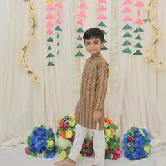 Mustard & Maroon Pure Cotton Zigzag Print Full Sleeve Boys Kurta with Mandarin Collar