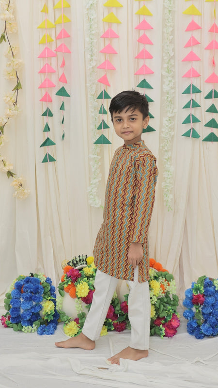 Mustard & Maroon Pure Cotton Zigzag Print Full Sleeve Boys Kurta with Mandarin Collar