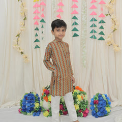 Mustard & Maroon Pure Cotton Zigzag Print Full Sleeve Boys Kurta with Mandarin Collar