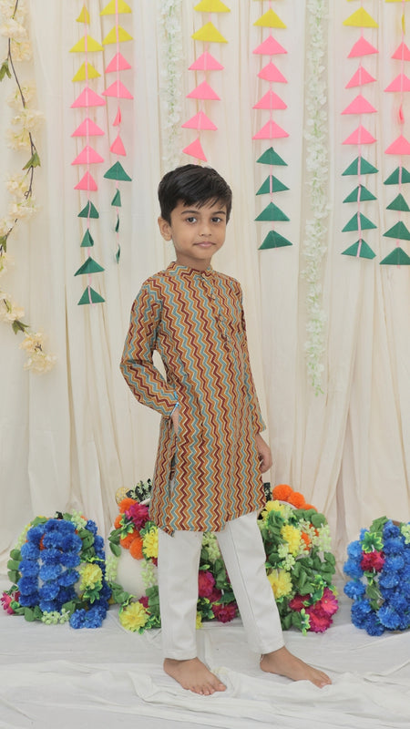 Mustard & Maroon Pure Cotton Zigzag Print Full Sleeve Boys Kurta with Mandarin Collar