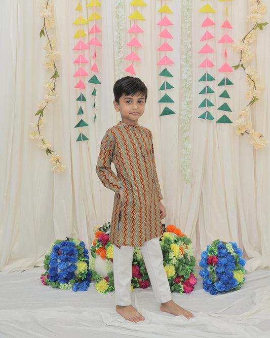 Mustard & Maroon Pure Cotton Zigzag Print Full Sleeve Boys Kurta with Mandarin Collar
