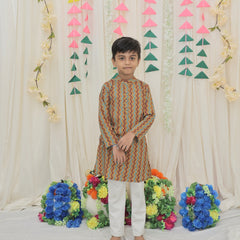Mustard & Maroon Pure Cotton Zigzag Print Full Sleeve Boys Kurta with Mandarin Collar