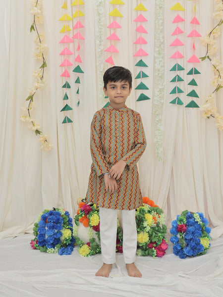 Mustard & Maroon Pure Cotton Zigzag Print Full Sleeve Boys Kurta with Mandarin Collar