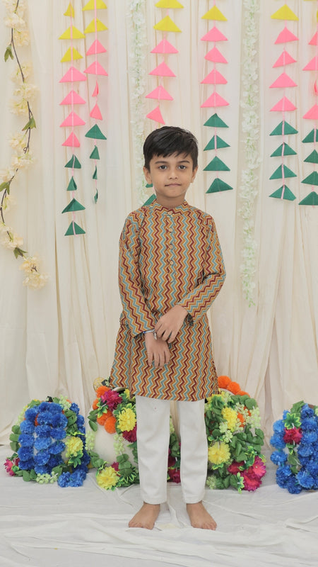 Mustard & Maroon Pure Cotton Zigzag Print Full Sleeve Boys Kurta with Mandarin Collar