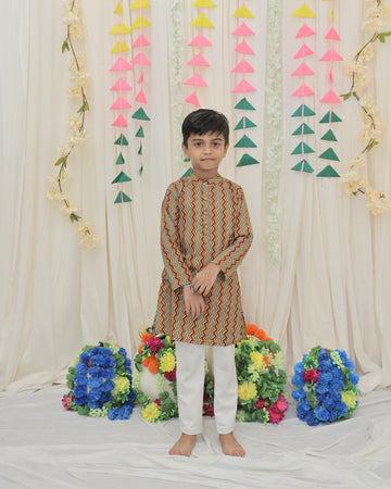 Mustard & Maroon Pure Cotton Zigzag Print Full Sleeve Boys Kurta with Mandarin Collar