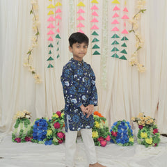 Navy Blue Pure Cotton Floral Print Full Sleeve Boys Kurta with Mandarin Collar