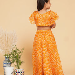 Mustard Bandhani Doriya Crop top Skirt set