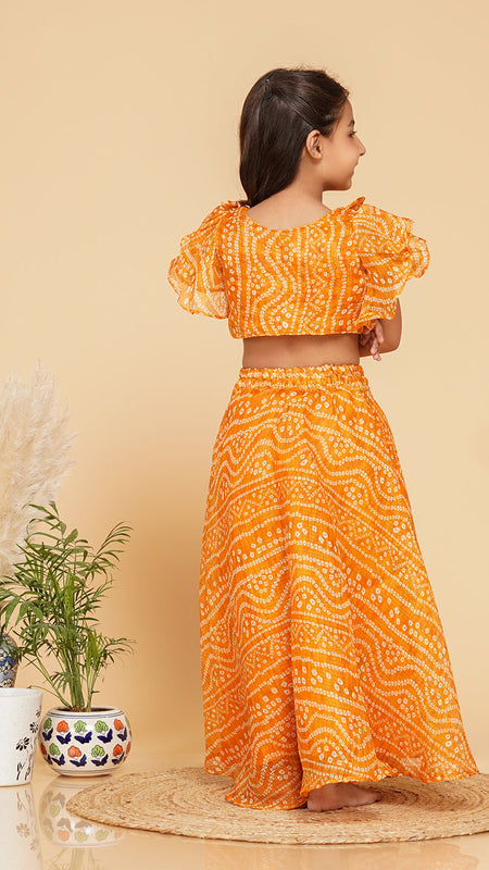 Mustard Bandhani Doriya Crop top Skirt set