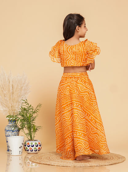 Mustard Bandhani Doriya Crop top Skirt set