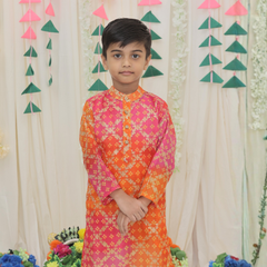 Green Pure Cotton Kota Doriya Zigzag Print Full Sleeve Boys Kurta