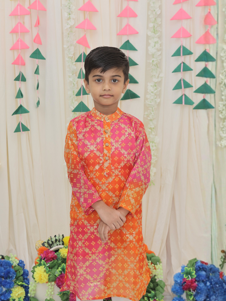 Green Pure Cotton Kota Doriya Zigzag Print Full Sleeve Boys Kurta