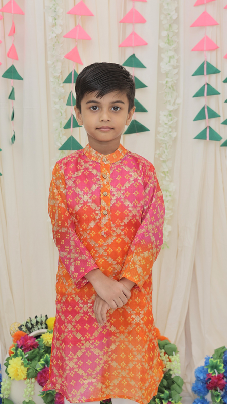 Green Pure Cotton Kota Doriya Zigzag Print Full Sleeve Boys Kurta