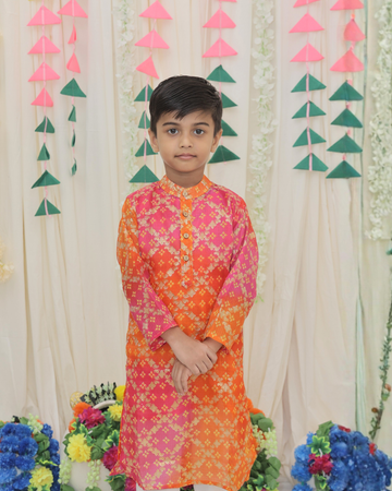 Green Pure Cotton Kota Doriya Zigzag Print Full Sleeve Boys Kurta