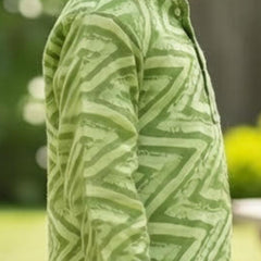 Green Pure Cotton Kota Doriya Zigzag Print Full Sleeve Boys Kurta