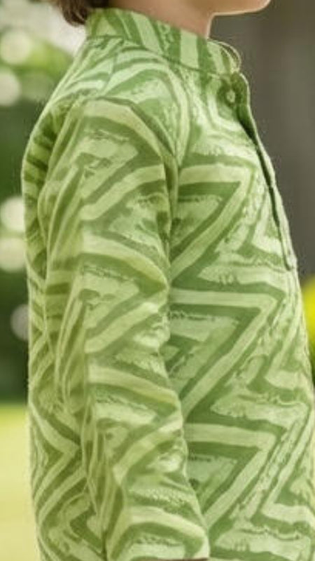 Green Pure Cotton Kota Doriya Zigzag Print Full Sleeve Boys Kurta