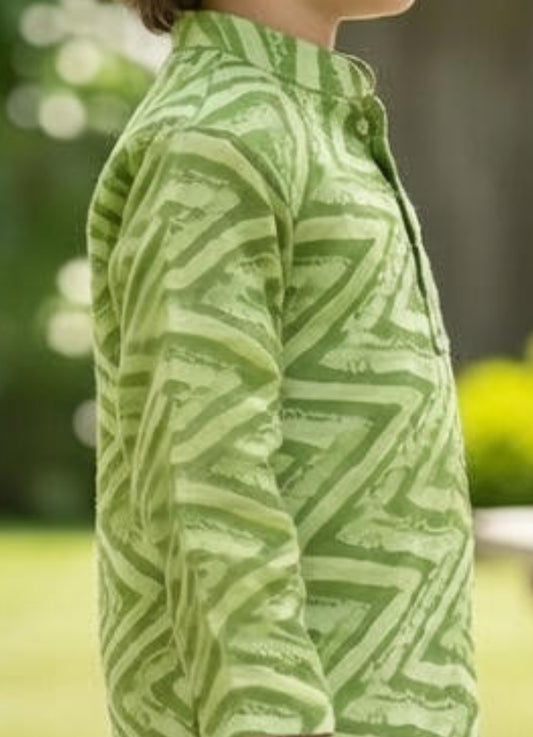 Green Pure Cotton Kota Doriya Zigzag Print Full Sleeve Boys Kurta