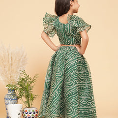 Green Bandhani Doriya Crop top Skirt set