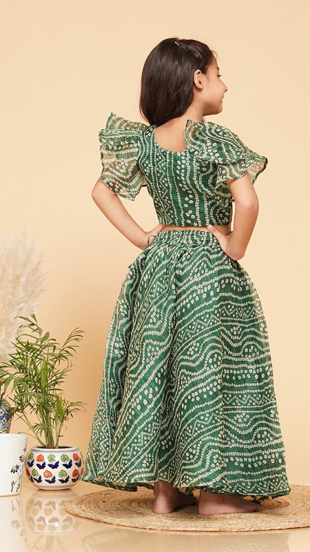 Green Bandhani Doriya Crop top Skirt set