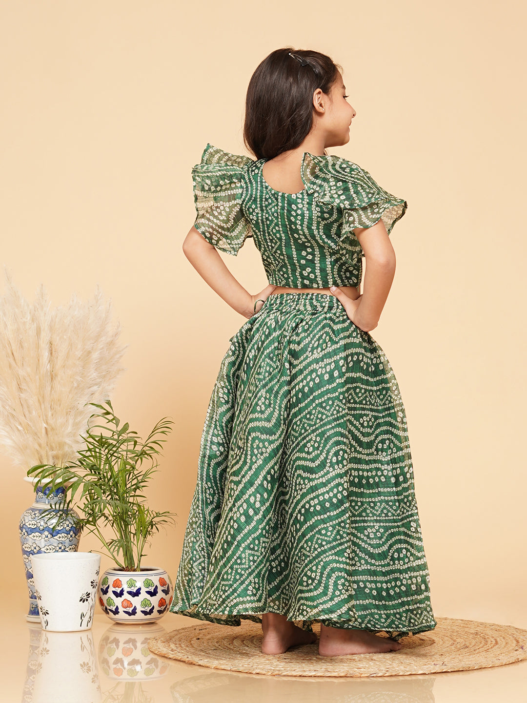 Green Bandhani Doriya Crop top Skirt set