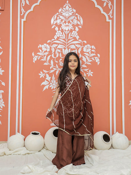 Brown Gota Sequin Design Kurta Palazzo Dupatta Set